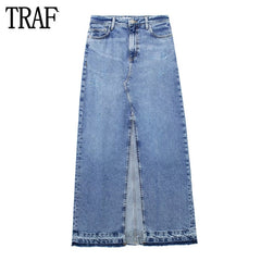 Denim Long Skirts for Women Blue High Waist Skirts