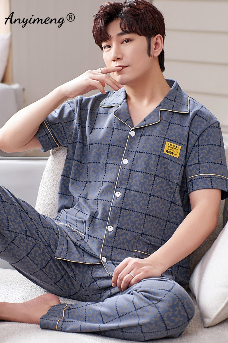 Mens Cotton Pajamas Set Fashion Simple Leaf Printing Cardigan