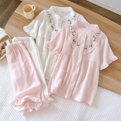 pajama suit cotton crepe short-sleeved capris embroidered