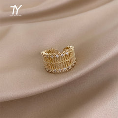 Metal Hollow Mesh Inlaid Zircon Gold Color Rings