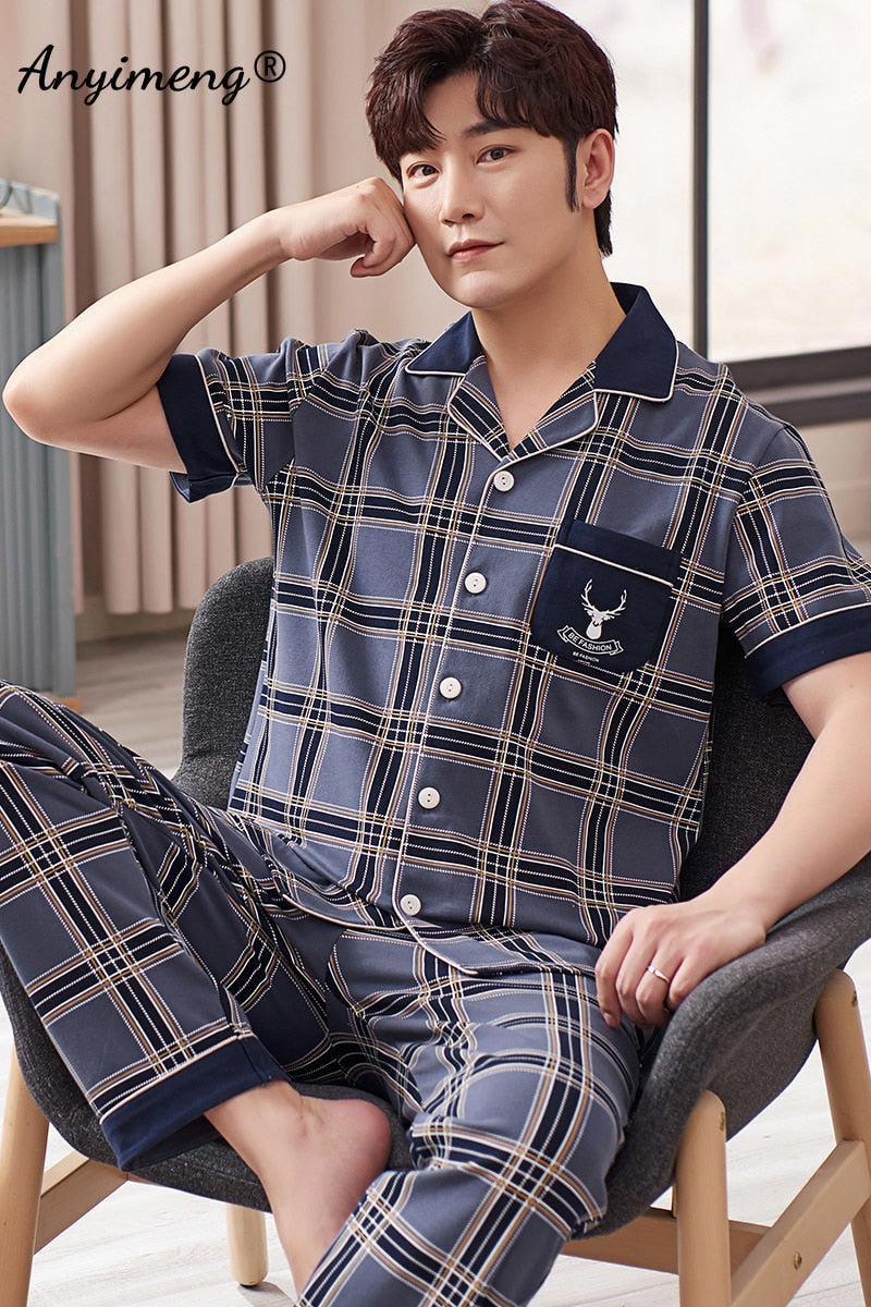 Mens Cotton Pajamas Set Fashion Simple Leaf Printing Cardigan