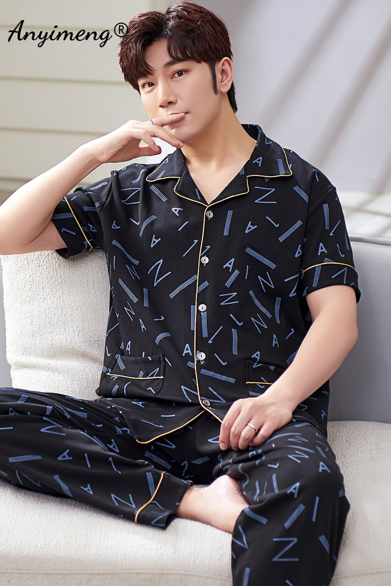 Mens Cotton Pajamas Set Fashion Simple Leaf Printing Cardigan