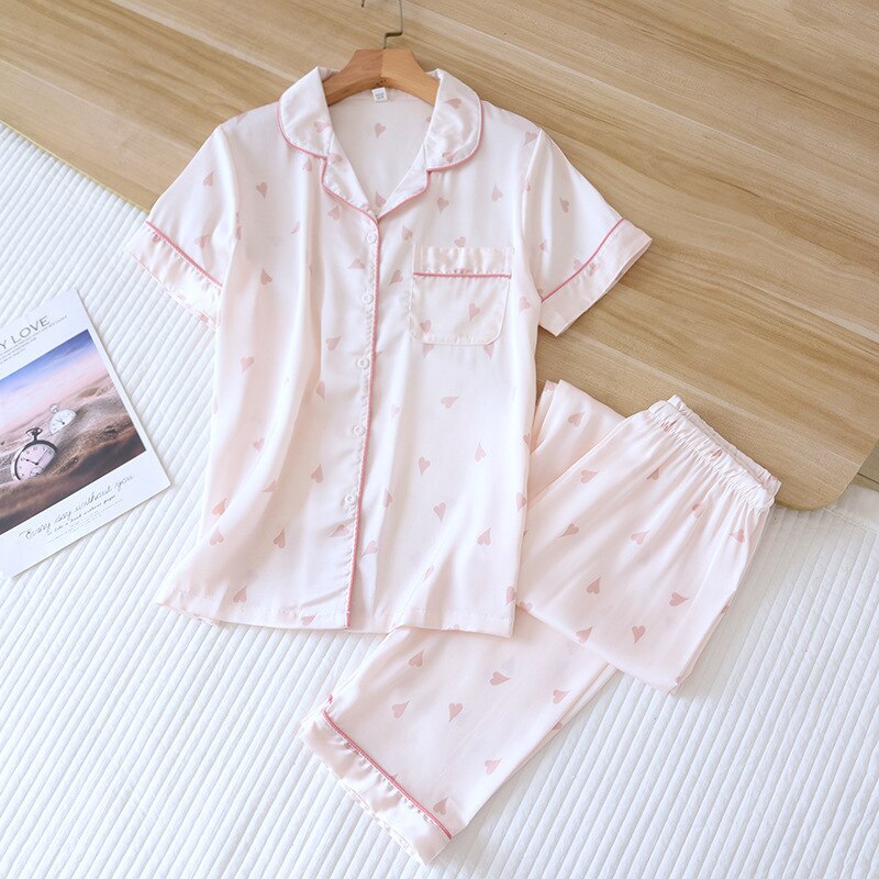 Ice Silk Pajamas Set for Women Satin Pyjama Suit Short Sleeved Trousers