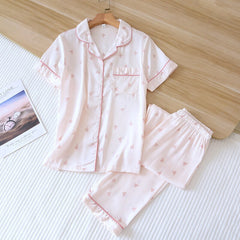 Ice Silk Pajamas Set for Women Satin Pyjama Suit Short Sleeved Trousers