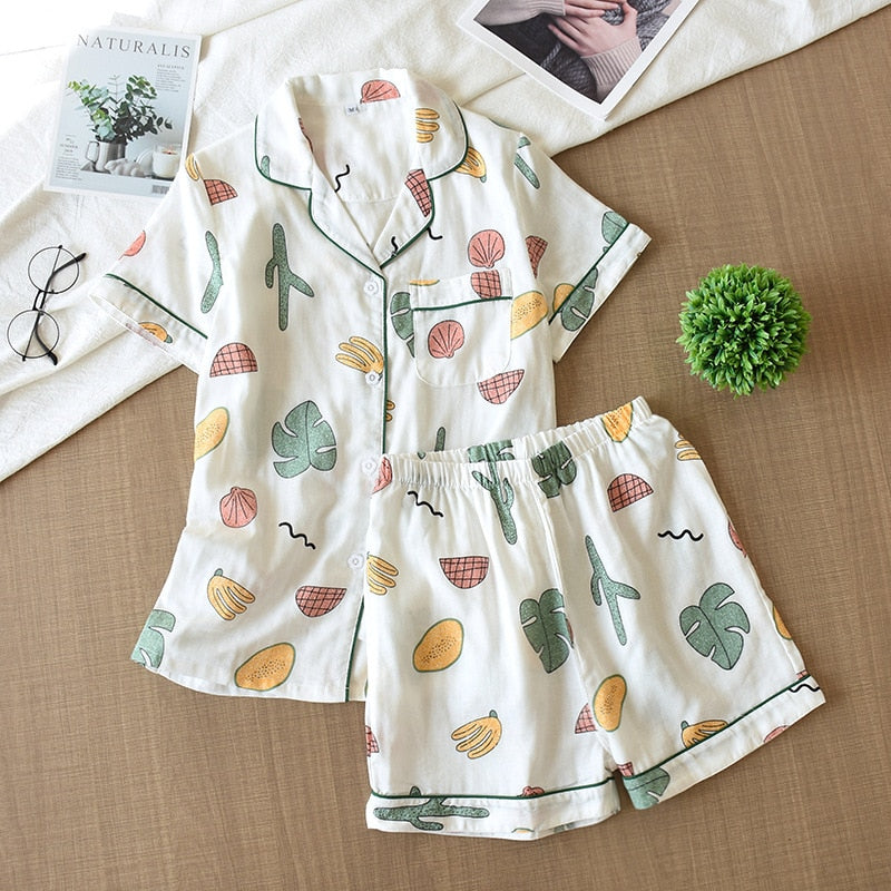 Cotton Pajamas Heart Stripe Print Short Sleeve Pajamas Sets