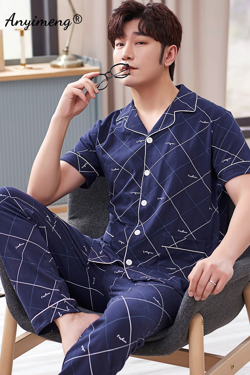 Mens Cotton Pajamas Set Fashion Simple Leaf Printing Cardigan