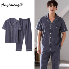 Man V-neck Cardigan Summer Pjs Cotton Elegant Printing Turn-down Collar