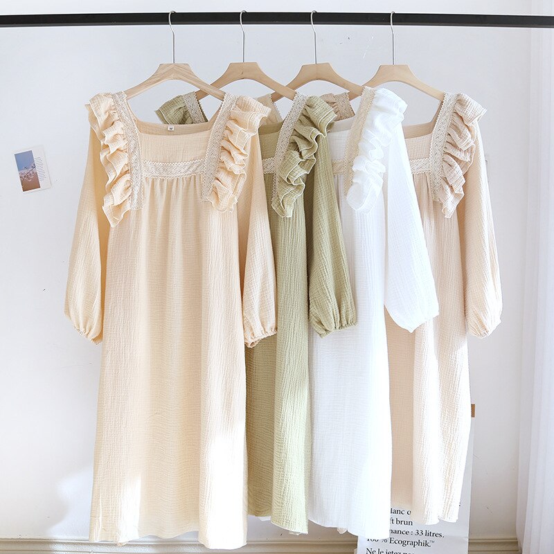 4 Colors Pure Cotton Nightdress Nightgown Sleepwear Ladies Home