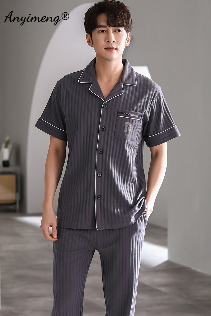 Man V-neck Cardigan Summer Pjs Cotton Elegant Printing Turn-down Collar