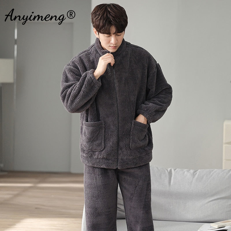 Fashion Coral Fleece Pajamas for Men Solid  Homewear Sporty