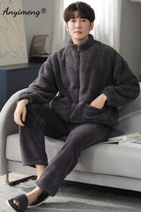 Fashion Coral Fleece Pajamas for Men Solid  Homewear Sporty