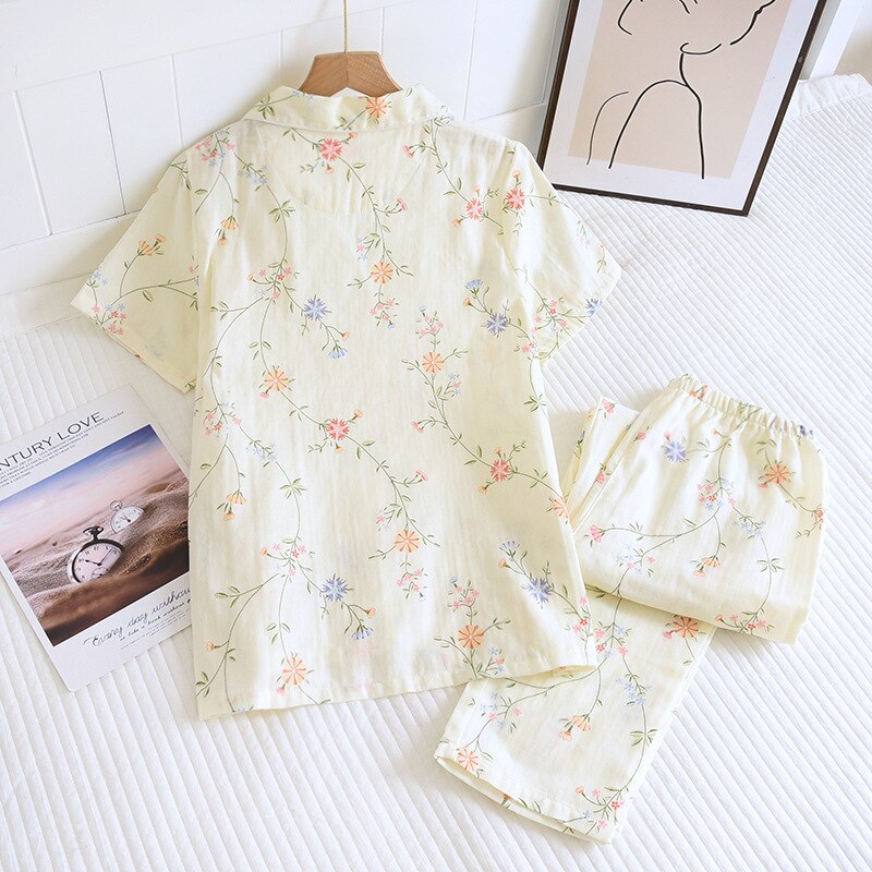 Summer Cotton Gauze Pajamas Women Short Sleeved Trousers Set