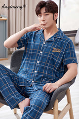 Mens Cotton Pajamas Set Fashion Simple Leaf Printing Cardigan