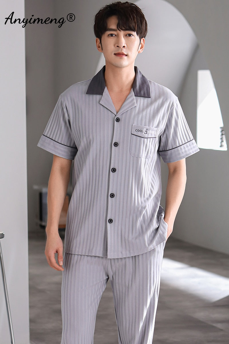 Man V-neck Cardigan Summer Pjs Cotton Elegant Printing Turn-down Collar