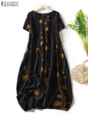 Short Sleeve Midi Dress Loose Casual Printing Long Round Neck