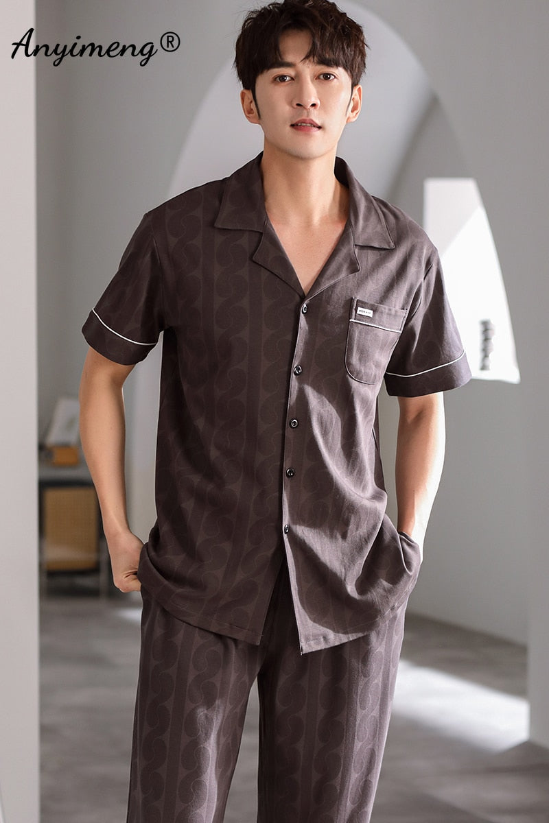 Man V-neck Cardigan Summer Pjs Cotton Elegant Printing Turn-down Collar