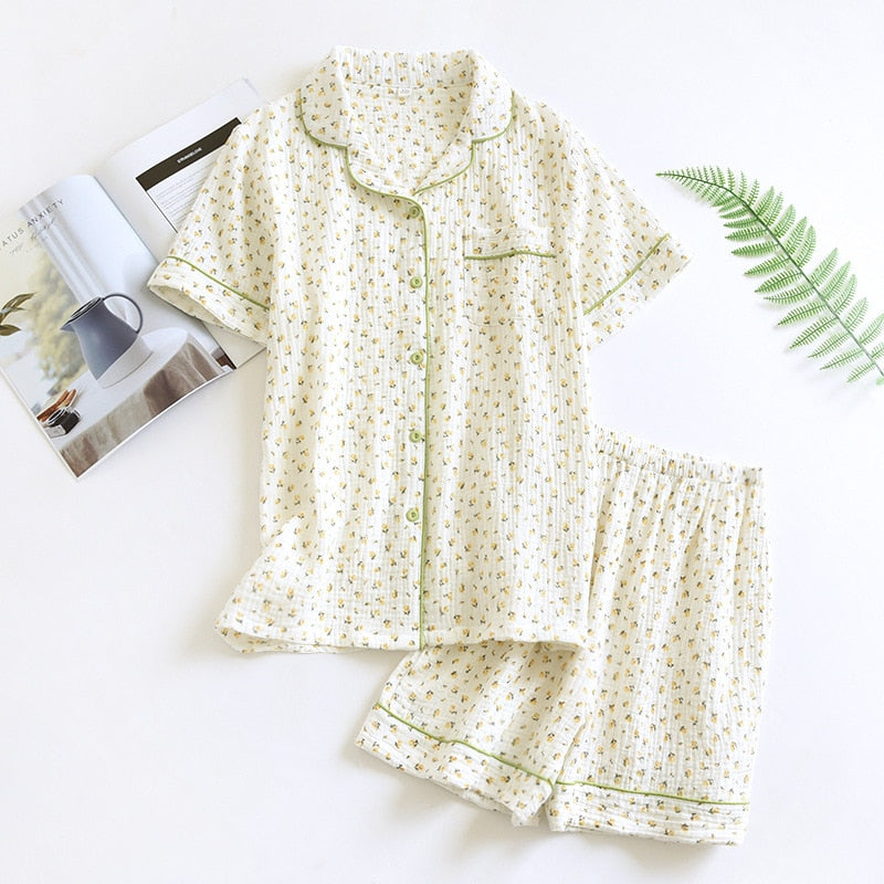 Cotton Crepe Pajamas Short Sleeve Spring Pajama Set Flower Print Sleepwear