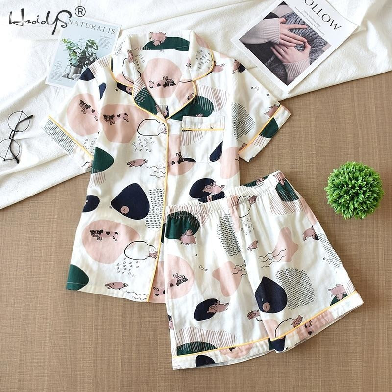 Cotton Pajamas Heart Stripe Print Short Sleeve Pajamas Sets