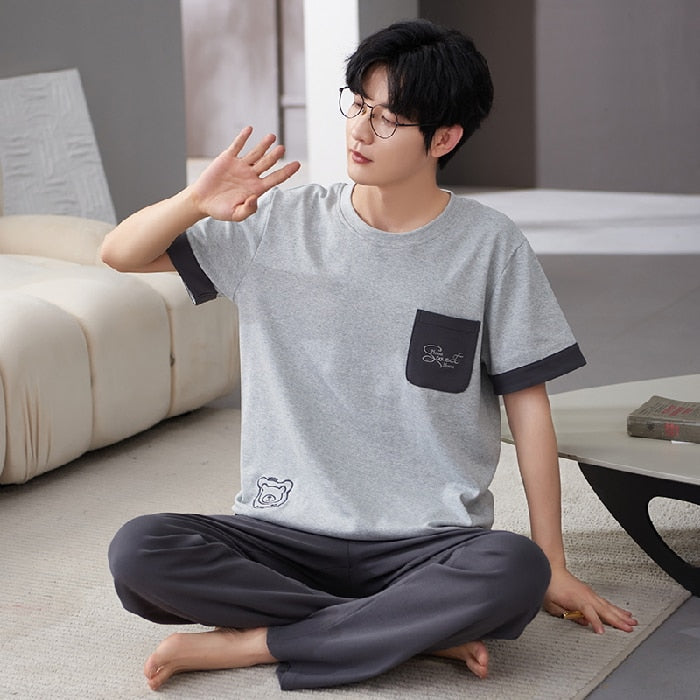 Pajamas Set for Men  Soft Short Sleeve T Shirt Long Pant 2 Pcs