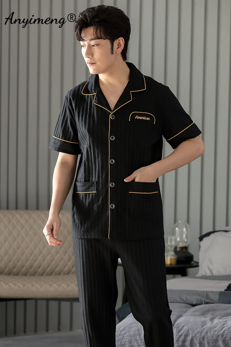 Man V-neck Cardigan Summer Pjs Cotton Elegant Printing Turn-down Collar