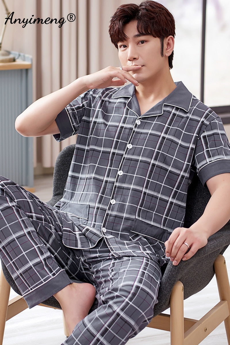 Mens Cotton Pajamas Set Fashion Simple Leaf Printing Cardigan