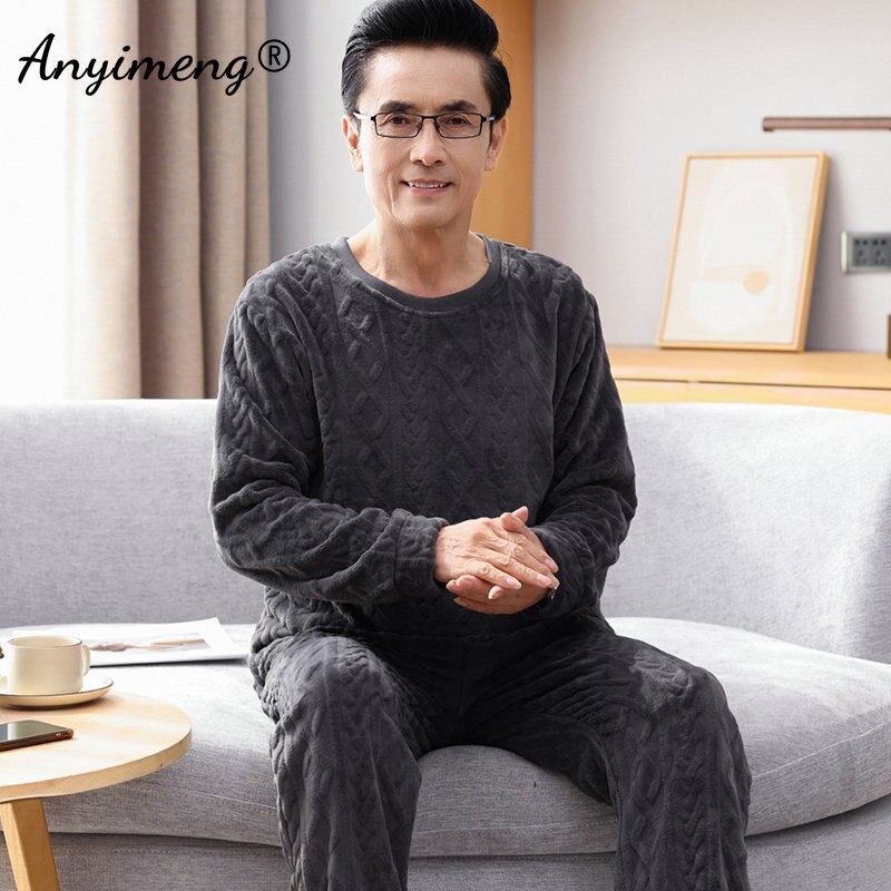 Plain Male Plain Pajamas Set Thick Sleep Tops Nightwear Long Sleeved