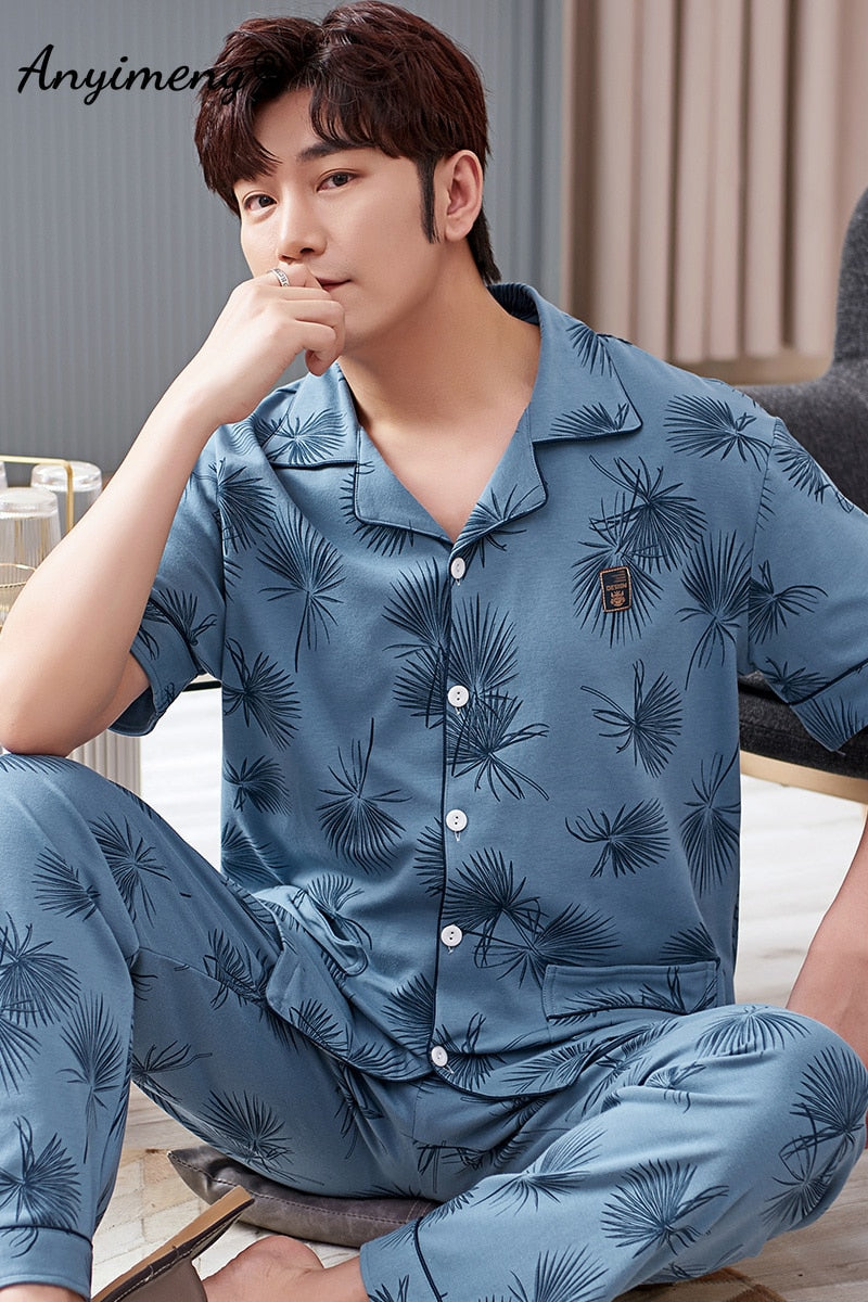 Mens Cotton Pajamas Set Fashion Simple Leaf Printing Cardigan