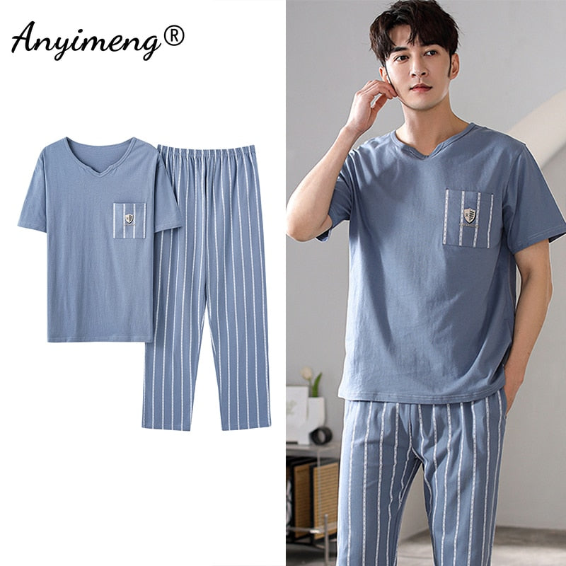 Cotton Men Pajama Sets Short Sleeve Long Pants Casual Loungewear