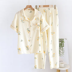 Cotton Crepe Sleepwear Short Sleeve Trousers Print Two Piece Set Loungewear