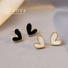 Simple Sweet Black and White Heart Shaped Stud Earrings