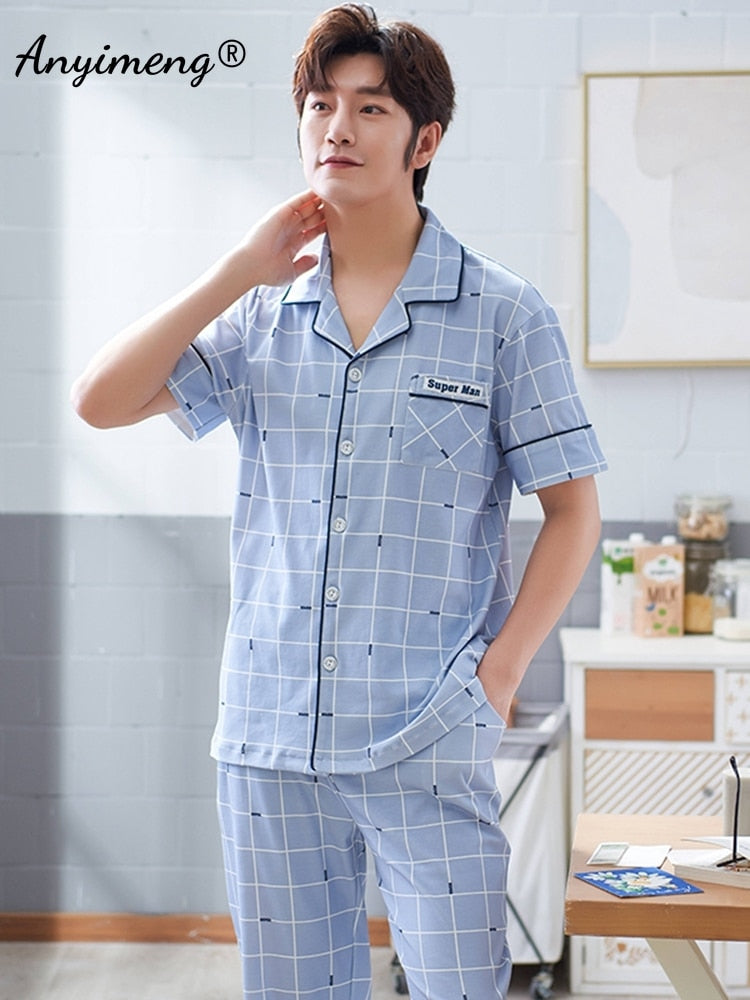 Man V-neck Cardigan Summer Pjs Cotton Elegant Printing Turn-down Collar