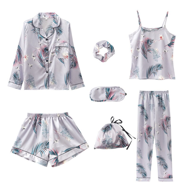 Strap Sleepwear Pyjamas Women 7 Pieces Pink Pajamas Sets Satin Silk Lingerie