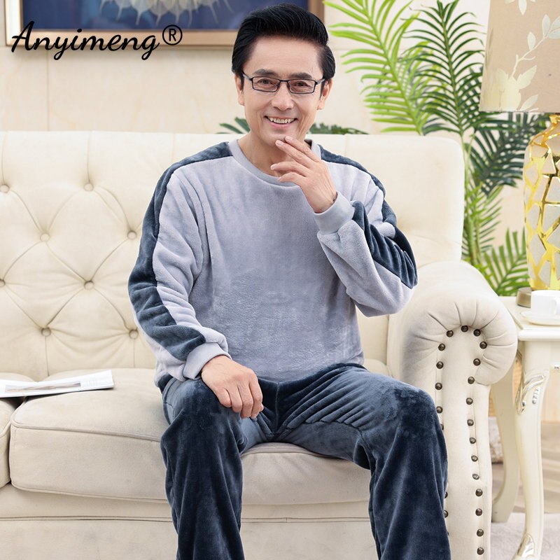 Plain Male Plain Pajamas Set Thick Sleep Tops Nightwear Long Sleeved