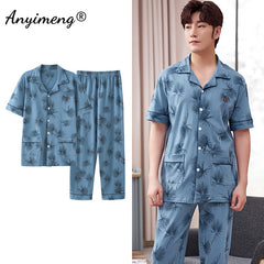 Mens Cotton Pajamas Set Fashion Simple Leaf Printing Cardigan