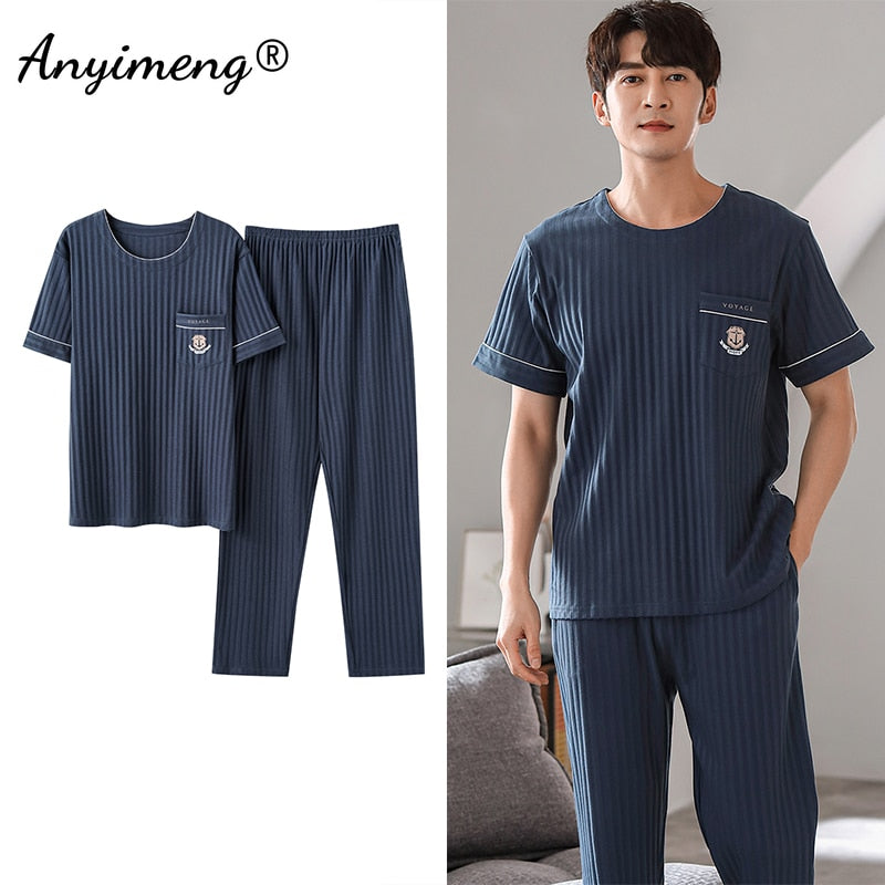 Cotton Men Pajama Sets Short Sleeve Long Pants Casual Loungewear