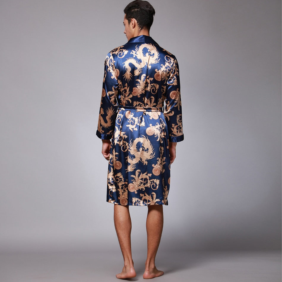 Men Silk  Satin Kimono Bathrobe Golden Dragon Knee Length Long Sleeve