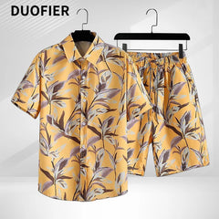 Men Sets Print Patchwork Lapel Short Sleeve Casual Shirt Beach