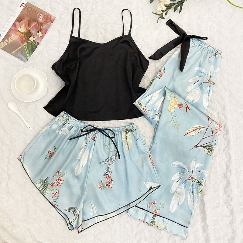 3pcs Print Pajamas Set Strap Shorts Sleep Suit Summer Sleepwear Nightwear