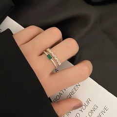 Design Double-Layer Zircon Green Crystal Adjustable Rings Classic