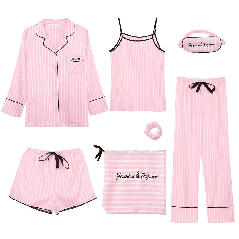 Strap Sleepwear Pyjamas Women 7 Pieces Pink Pajamas Sets Satin Silk Lingerie