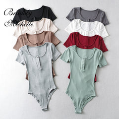 Slim Thin Tops Solid Knit Short Sleeve Bodysuits