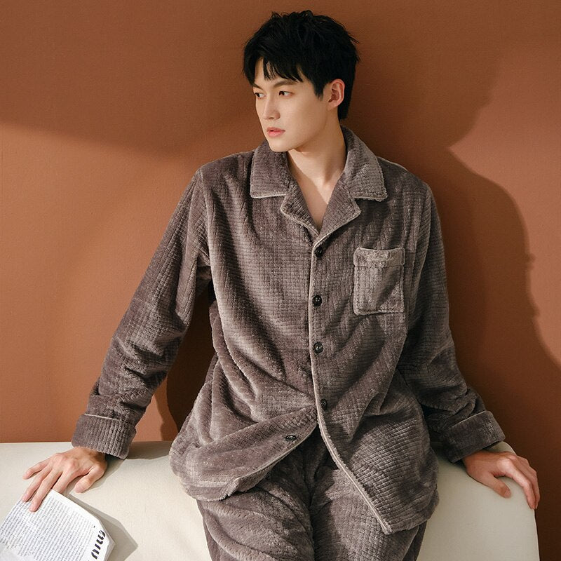 Pajamas Men Thick Coral Fleece Pajama Sets Warm Sleepwear