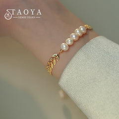 Leaf Shape Gold Chain Pearl Stainless steel Charm Bracelet