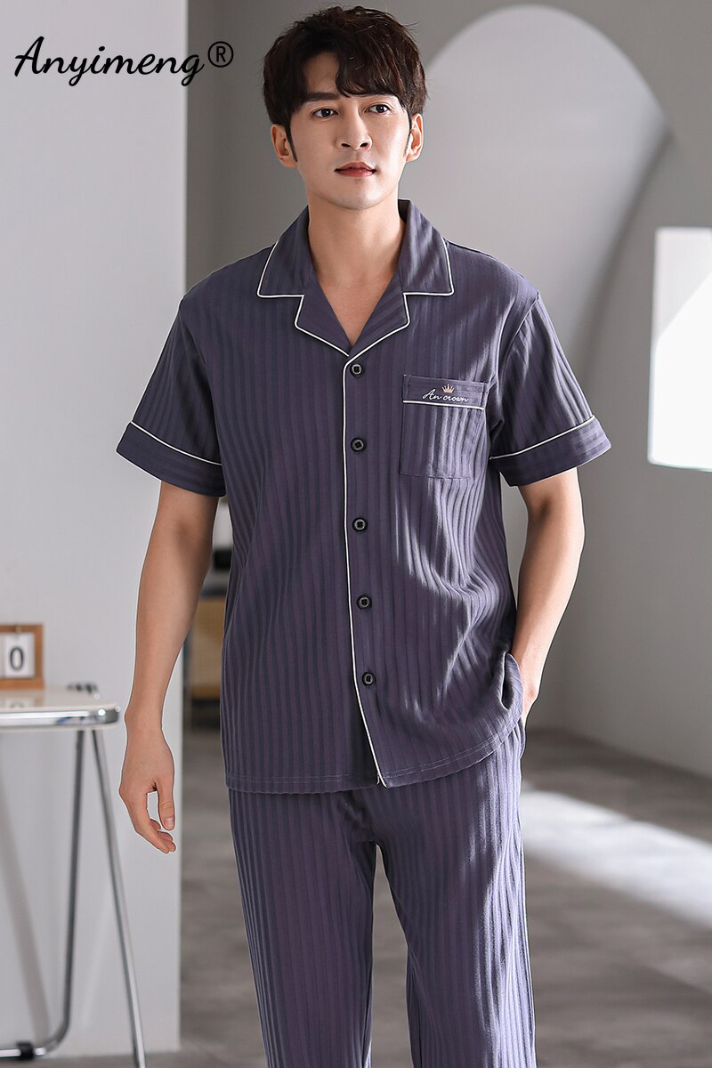 Man V-neck Cardigan Summer Pjs Cotton Elegant Printing Turn-down Collar