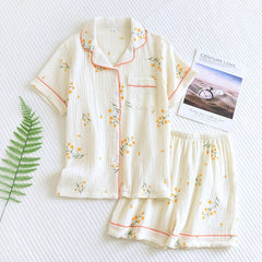 Cotton Crepe Pajamas Short Sleeve Spring Pajama Set Flower Print Sleepwear