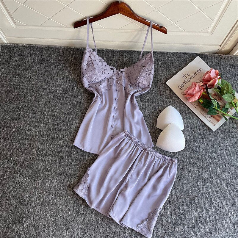 Two Pieces Pajamas Sleep Set Lace Sleepwear Lady Satin Nightgown