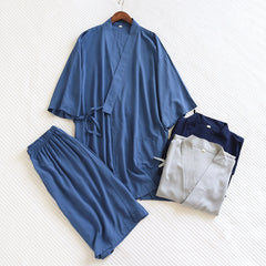 Men Kimono Sleepwear Set Spring And Fall Solid Color Homewaer Viscose