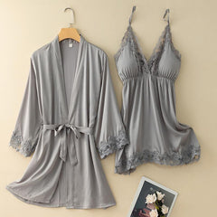 2PCS Lace Robe Set Women Kimono Sleepwear Sleep Suit