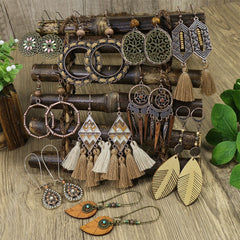 Bohemian Ethnic Brown Tassel Natural Wooden Hanging Earrings