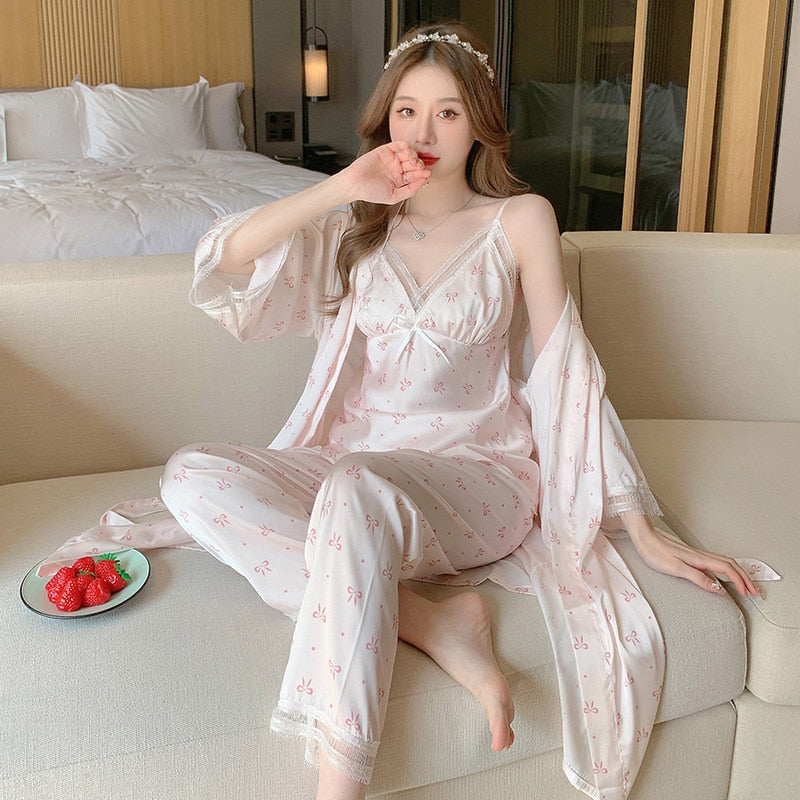 3PCS Lace Bathrobe Pajamas Satin Robe Gown Loungewear  Kimono Nightwear